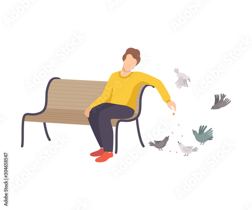 Young Man Wearing Sweater and Sitting on Bench Feeding Pigeons Dropping Crumbles on the Ground Vector Illustration