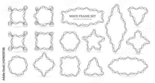 Collection of frames from tangled lines. Frames of complex pulsating lines for musical equalizer. Geometric shapes set from ball of thread. Elegant borders for text, vector illustration.