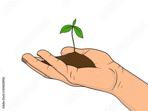 Young plant in the palm of hand isolated on white background. Concept of growth and caring. Vector illustration in cartoon style.