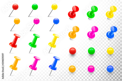 Colorful push pins set in different angles. Realistic thumbtacks. Vector illustration isolated on transparent background. Easy to use for your design. EPS10.	