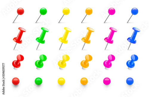 Colorful push pins set in different angles. Realistic thumbtacks. Vector illustration isolated on white background. Easy to use for your design. EPS10.