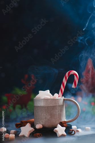 Obraz na plátně Hot chocolate with shar-shaped marshmallow, steam, and candy cane, winter drink