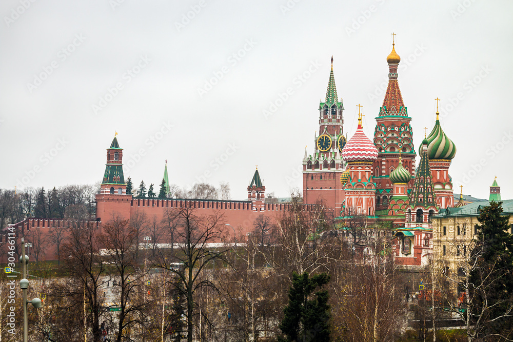 view of St. Basil's Cathedral (Pokrovsky Cathedral) and the Moscow Kremlin from Zaryadye Park