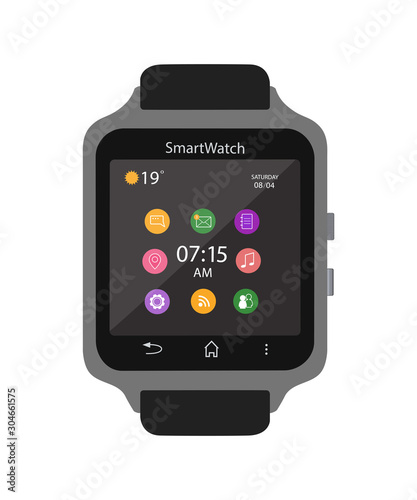Smart watch with icons isolated on white background