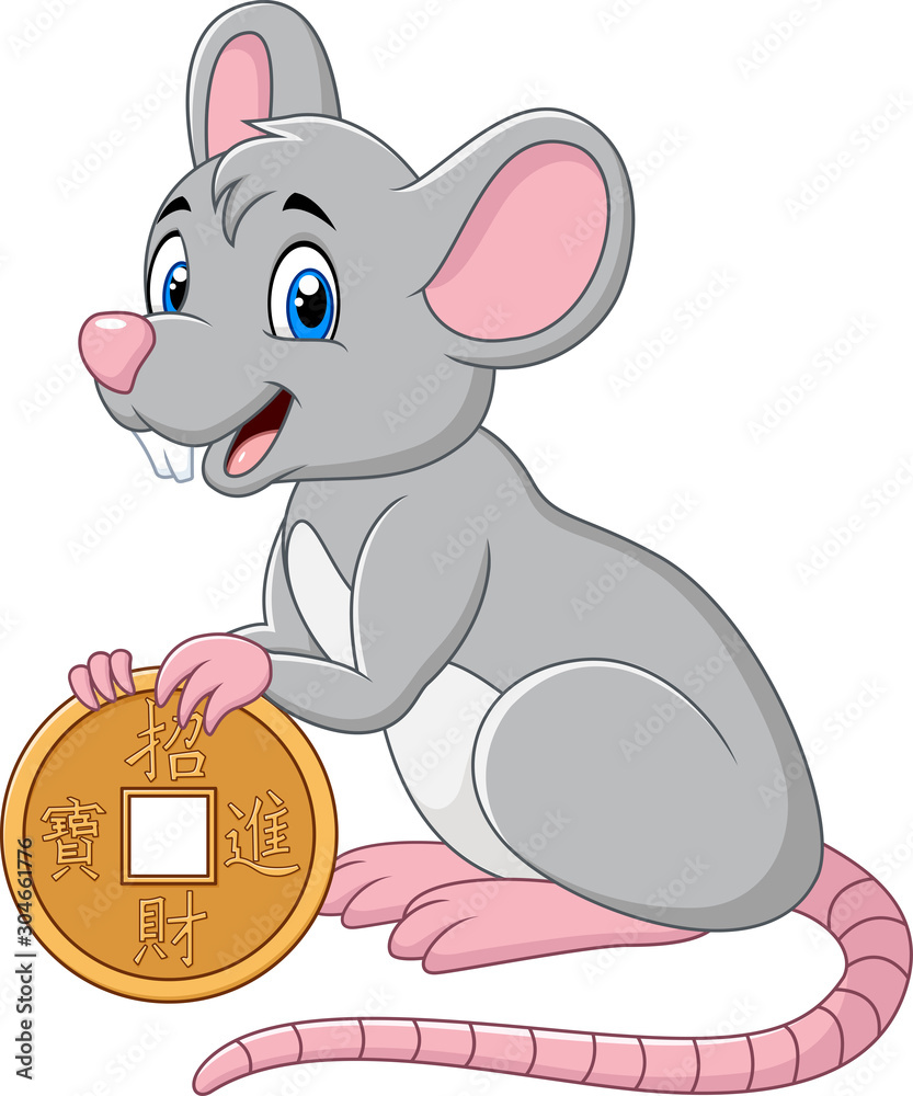 Funny cartoon Rat as symbol of new year 2020 holding gold coin. Chinese  translation : Happy chinese new year Stock Vector | Adobe Stock