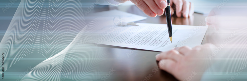 Realtor showing the signature place of a contract; panoramic banner Realtor showing the signature place of a contract; panoramic banner