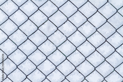 the iron net is covered with fluffy hoarfrost