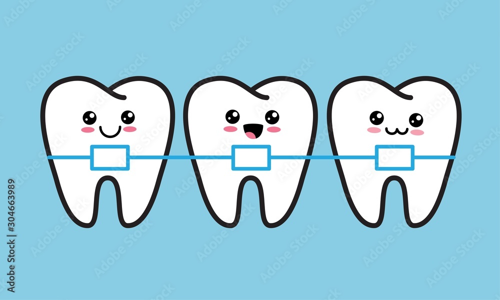 Cute kawaii happy teeth with metal braces. Orthodontic treatment, bite ...