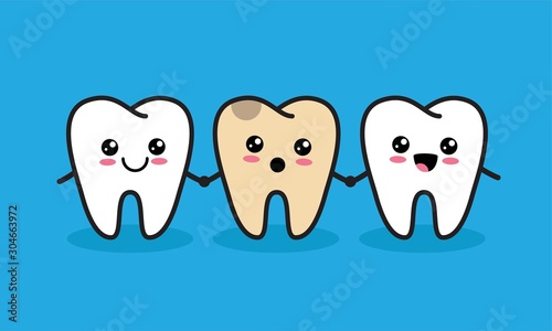 Cute kawaii teeth characters with one unhealthy tooth. Caries or tooth decay concept