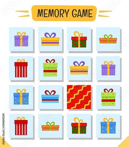 Memory game for preschool children, vector cards with christmas gifts. Find two identical picture. Kids activity page for book. 