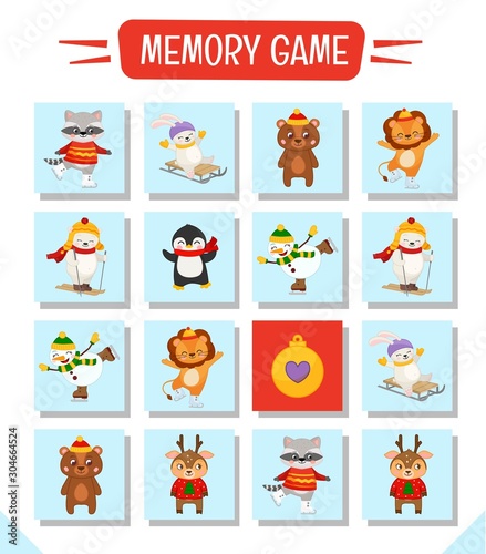 Memory game for preschool children, vector cards with cute christmas character. Find two identical picture. Kids activity page for book. 