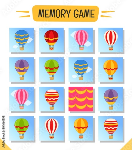 Memory game for preschool children, vector cards with air balloons. Find two identical picture. Kids activity page for book. 