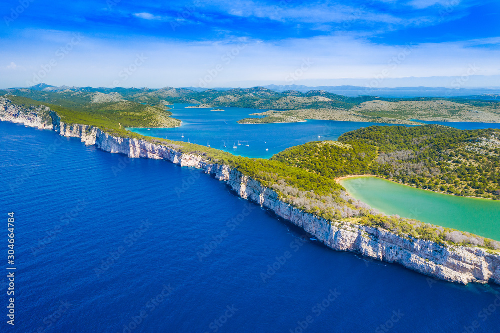 Cliffs above the sea on the shore of nature park Telascica, island of Dugi Otok, Croatia, spectacular seascape
