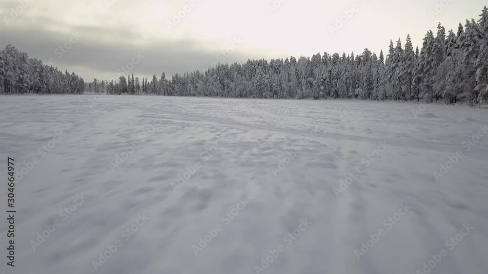 Low aircraft POV landing on snowy monochromatic frozen lake, aerial Low aircraft POV landing on snowy monochromatic frozen lake, aerial