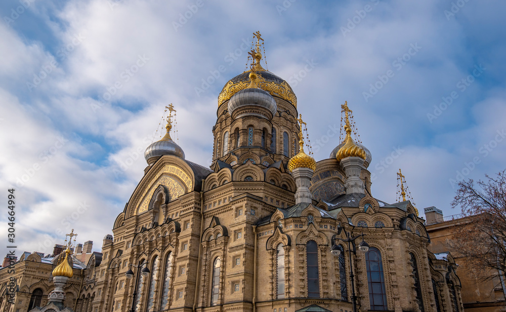 The orthodox Church of the Dormition of the Mother of God or Church of the Assumption of the Blessed Virgin Mary on the Lieutenant Schmidt embankment in Saint Petersburg, Russia 