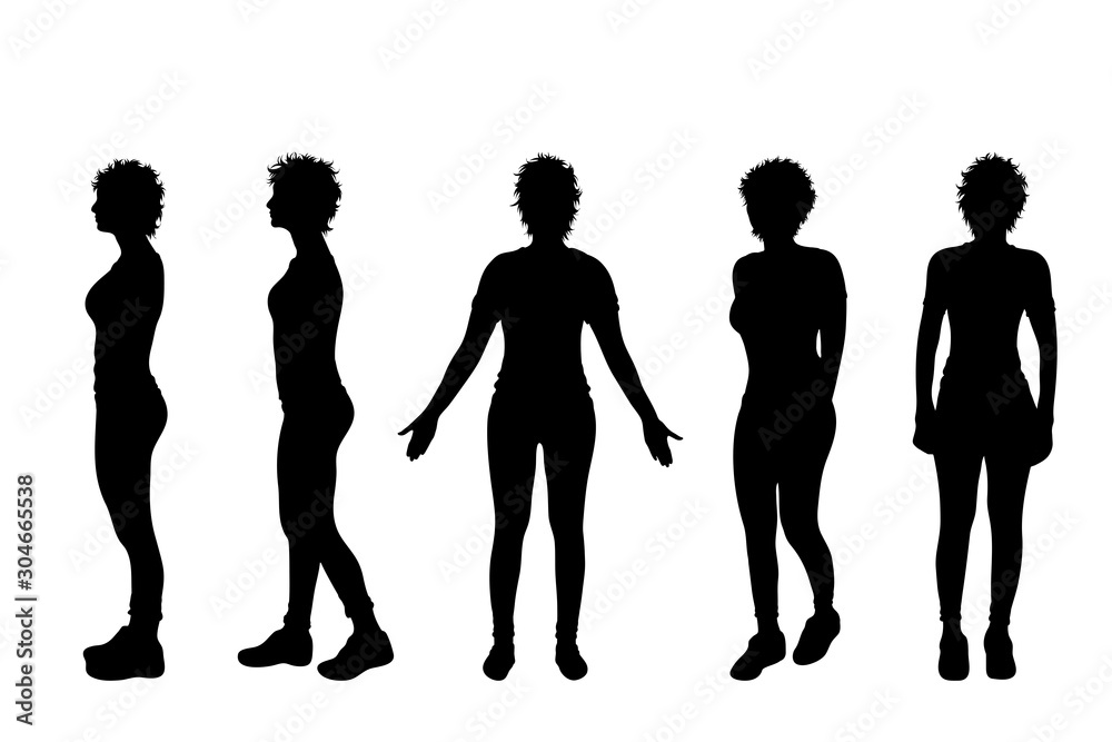 Vector silhouette of collection of slim women on white background. Symbol of girl, people, healthy, diet, walk, body, sport.