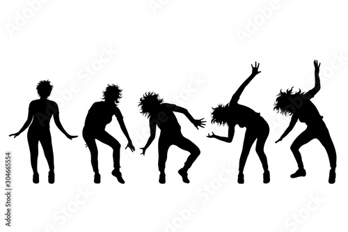 Vector silhouette of collection of women in different pose on white background. Symbol of girl, people, healthy, dance, body.
