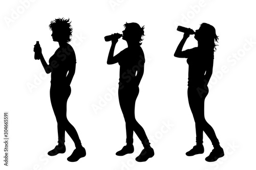 Vector silhouette of collection of women who drink from bottle on white background. Symbol of girl, people, healthy, sport, thirsty, lifestyle, body.