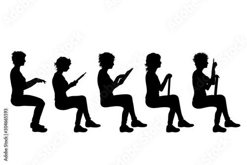 Vector silhouette of collection of women who sitting on white background. Symbol of girl, people, sit, work, body.