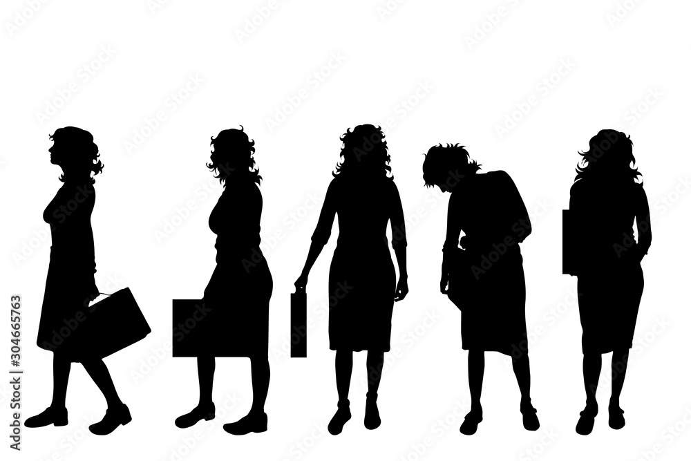 Vector silhouette of collection of businesswomen on white background. Symbol of girl, people, business, work, manager, team, walk, body.