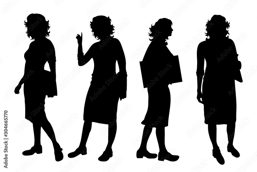 Vector silhouette of collection of businesswomen on white background. Symbol of girl, people, business, work, manager, team, walk, body.