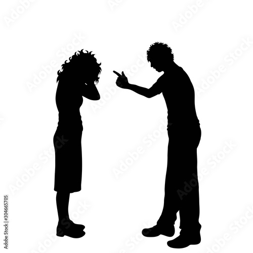 Vector silhouette of couple on white background. A man screaming on woman. A woman craying. Symbol, of anger, violence, screaming, ire, venom, bullying, tyrannical.
