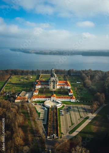 Aerial view on Pazaislis Monastery in Kaunas, Lithuania. Sunny autumn day.