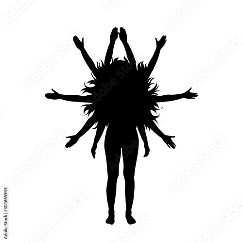 Vector silhouette of woman with many hands. Symbol of healthy, sport, Indie, speed, handy, slim, girl, Ganesha, sign, logo.