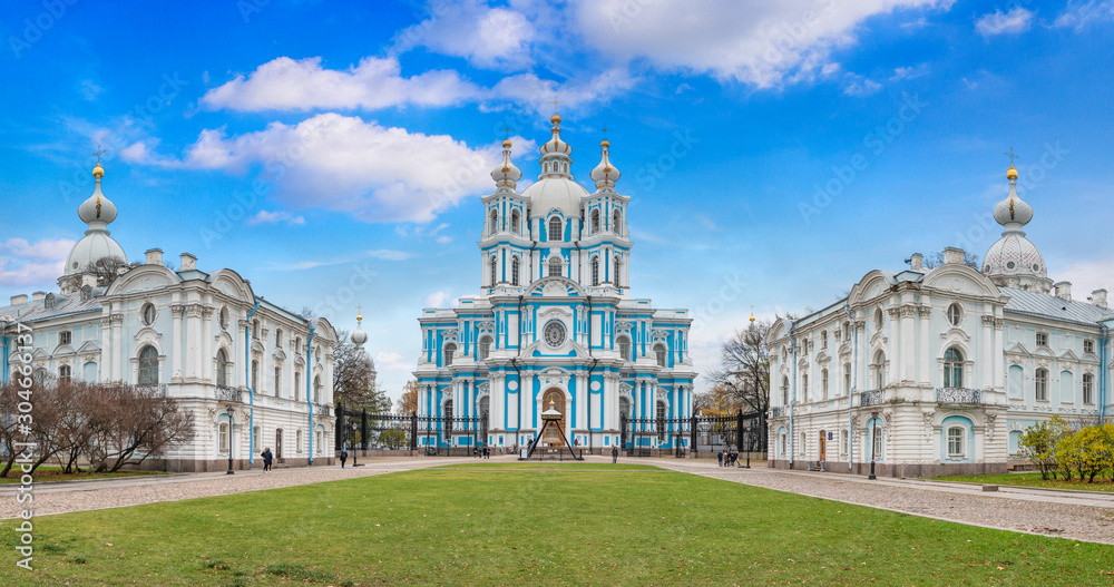 Smolny Convent of the Resurrection is located on square Rastrelli, on the bank of the River Neva in Saint Petersburg, Russia. Baroque style orthodox cathedral. Smolny Sobor or church. Panorama