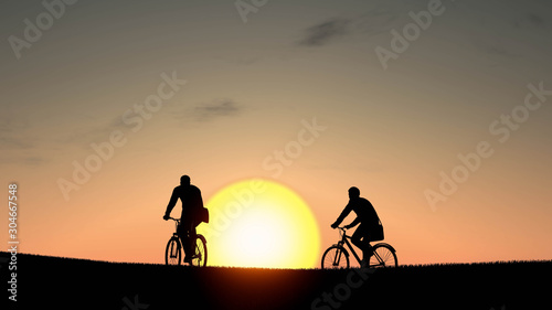 Man With Bicycle Silhouette at Sunset 3D Rendering