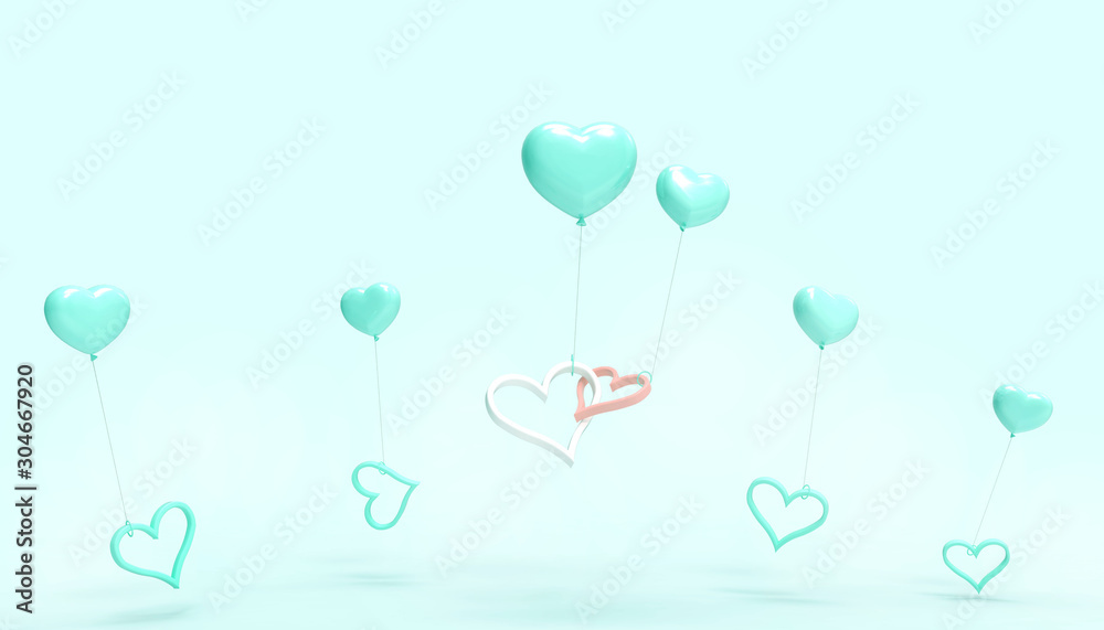 Love and Hearts balloons and Valentine's Day concept wedding greeting  Inspiration Modern and cards on Green background - 3d rendering
