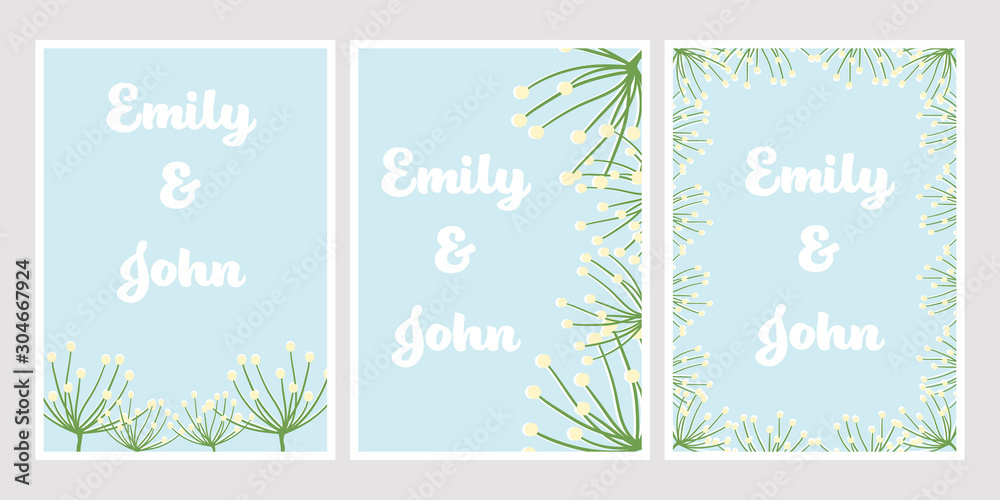cute flat style dandelion on blue background for wedding invitation card 5x7 template