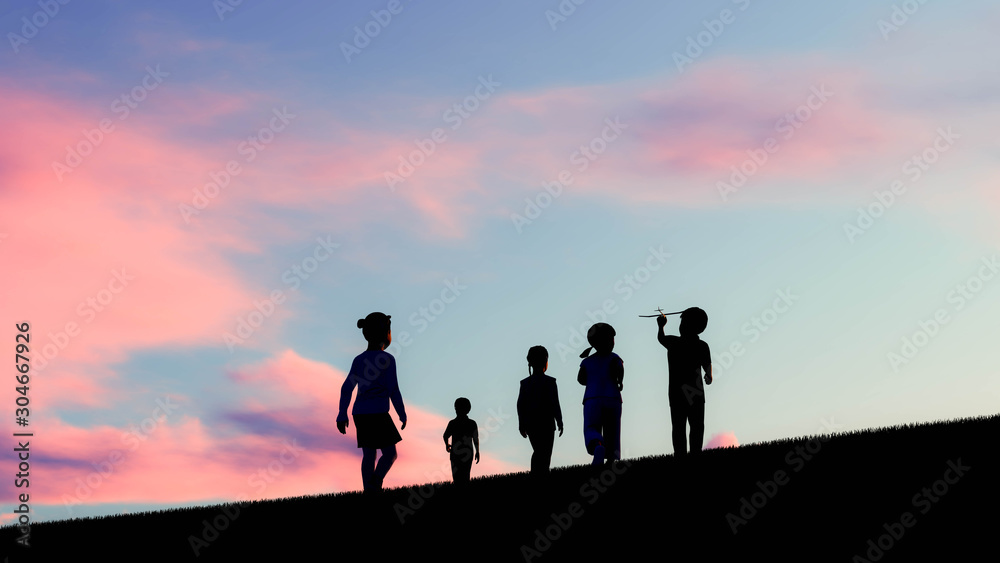 Children at sunset 3D Rendering