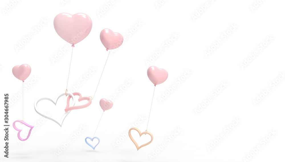 Love and Hearts Pink balloons and Valentine's Day Inspiration Modern Concept composition  and wedding greeting cards on isolated white background - 3d rendering