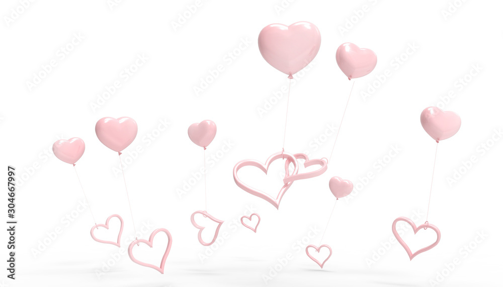 Love and Hearts Pink balloons Groups and Valentine's Day concept Inspiration Modern  composition  and wedding greeting cards and isolated on white background - 3d rendering