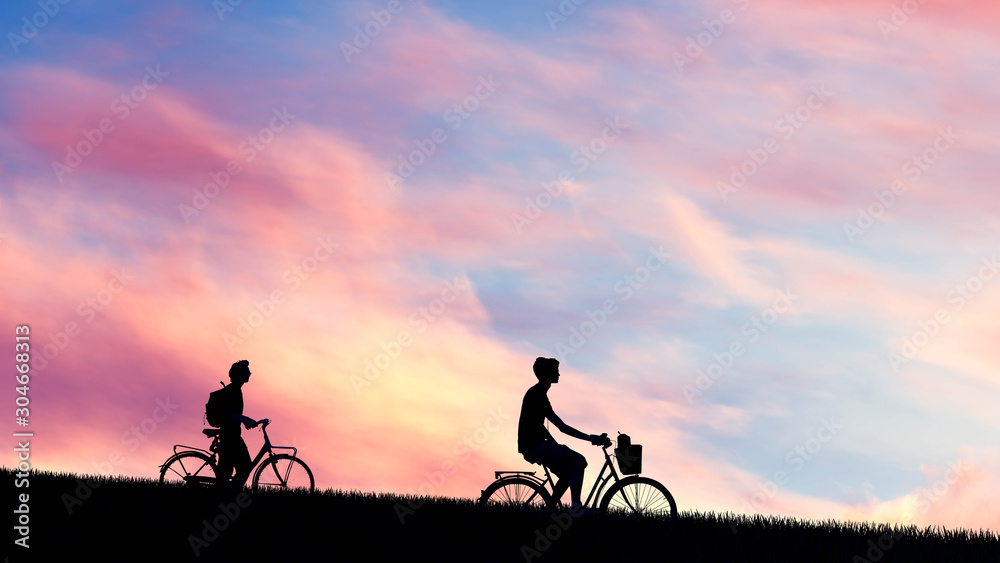 Man With Bicycle Silhouette at Sunset 3D Rendering