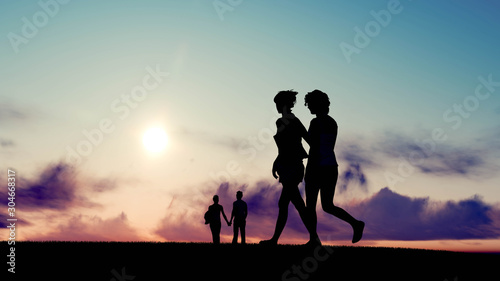 People Silhouette at Sunset 3D Rendering