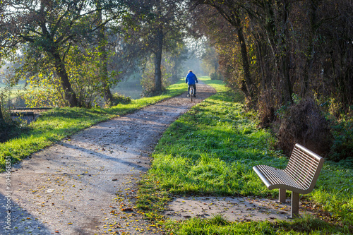 Public bench near a bicycle path in autumn in the Netherlands photo