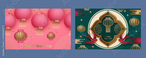 Happy chinese new year. Set of cards. template banner, poster in oriental style. Japanese, chinese elements. Translation : Happy New Year. Vector illustration