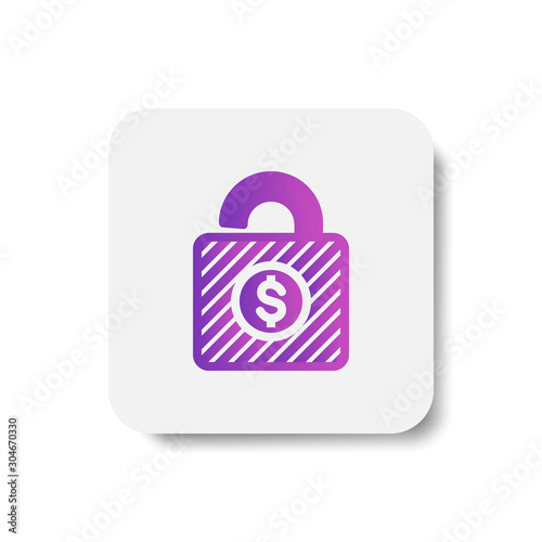 open padlock with dollar currency round icon in solid/glyph with stripes style in purple smooth gradient background