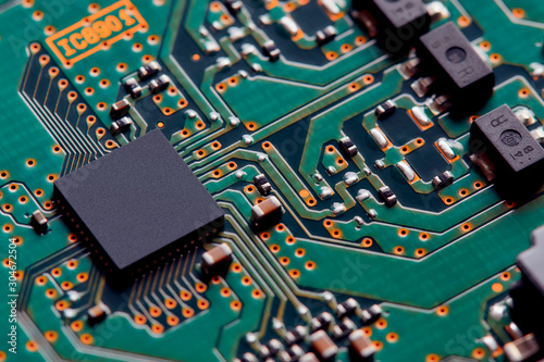 Electronic circuit board close up.