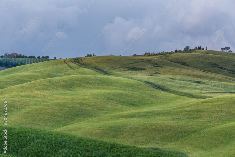 Beautiful countryside landscapes in Tuscany with rolling hills during the sunset