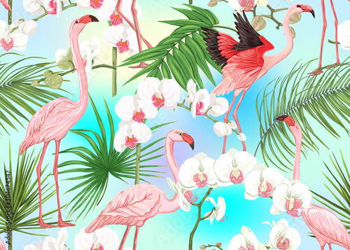 Seamless pattern, background with tropical plants, flowers and birds. Colored vector illustration. In light ultra violet pastel colors on mesh pink, blue background
