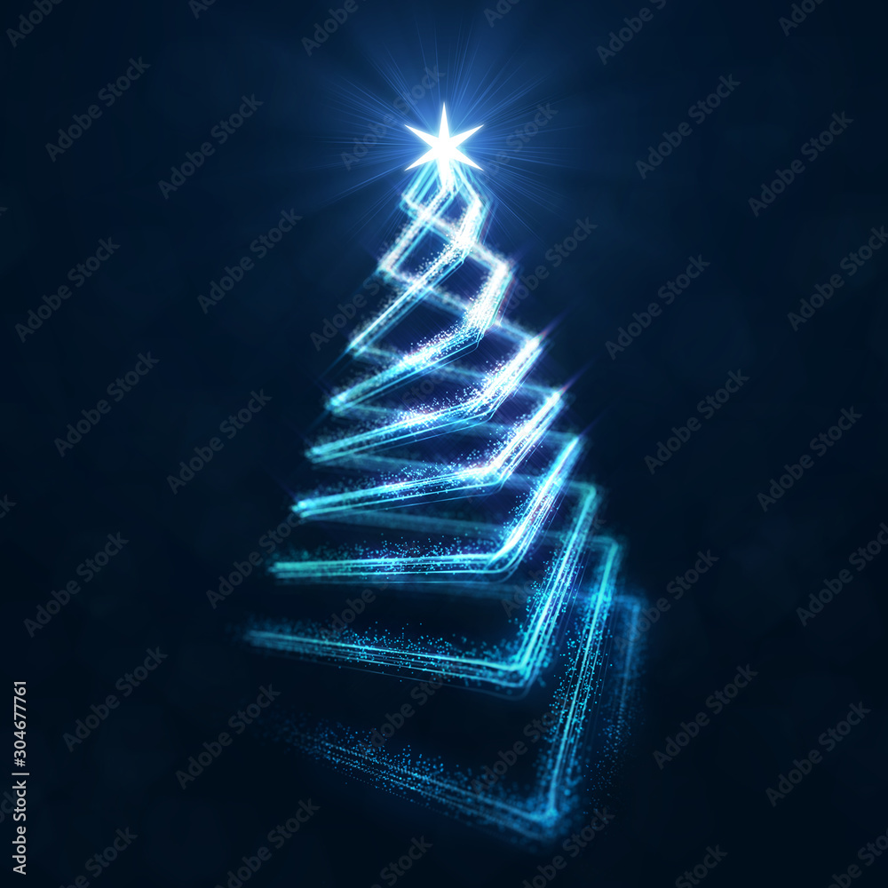 Abstract christmas tree pyramid line with glittering dust on dark background 3d digital illustration. - obrazy, fototapety, plakaty 