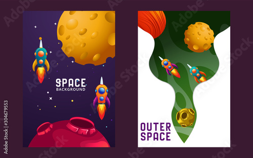 huge universe vector brochure cards. Outline outer space rocket template of flyear, magazines, posters, book cover, banners. Colorful thin line set. Background. vector illustration