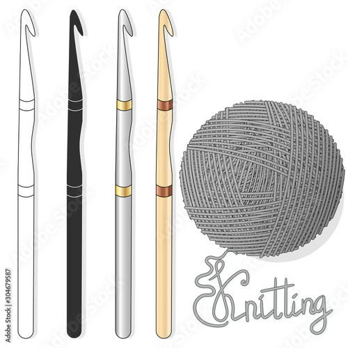Ball of wool for knitting and crochet hook. Vector illustration image on white background....