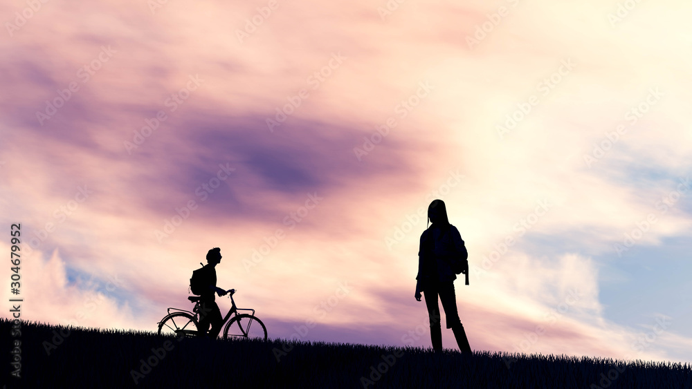 Man With Bicycle Silhouette at Sunset 3D Rendering