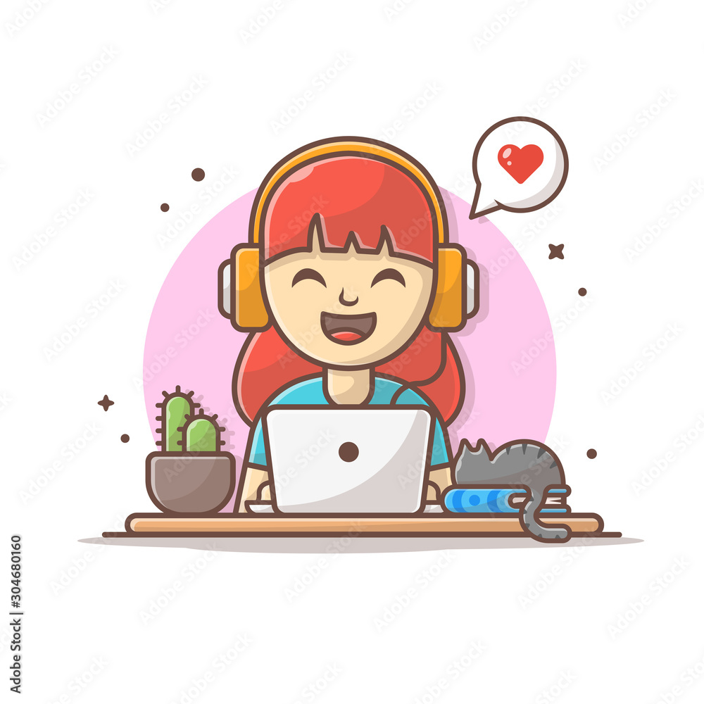 Happy Girl Listening Music with Heaphone, Laptop, Cat on The Book and Plant  Vector Illustration. Flat Cartoon Style Suitable for Web Landing Page,  Banner, Flyer, Sticker, Wallpaper, Card, Background Stock Vector |