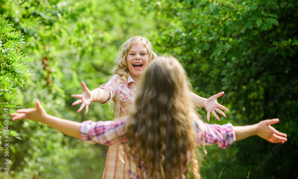 Happy reunion concept. Best friends forever. Happy kids running meet each  other. Sincere emotions. My dear