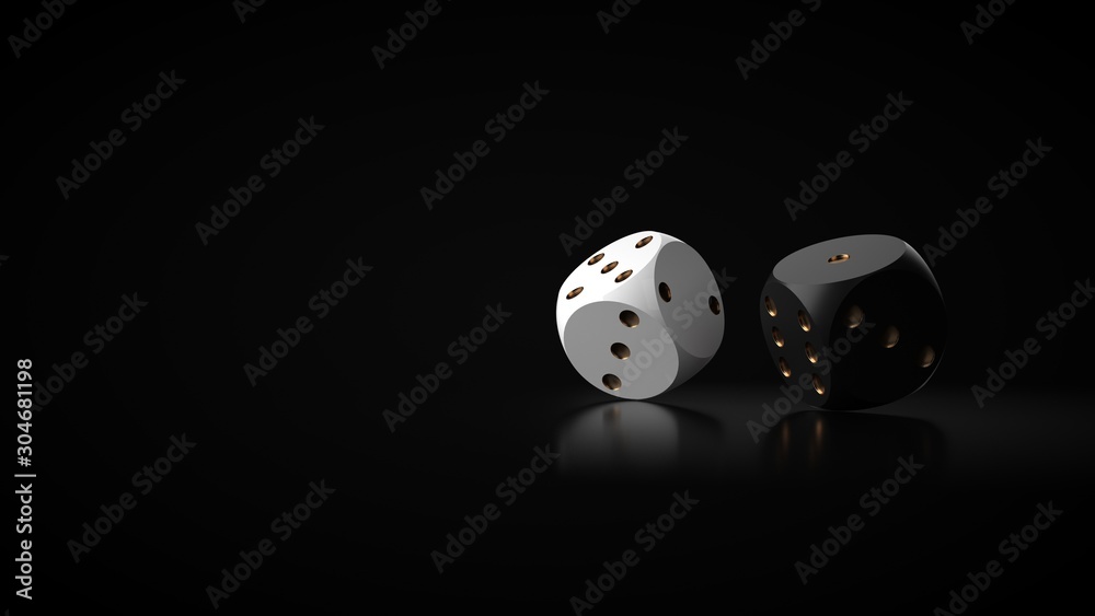 White And Black Modern Dices With Golden Dots. Casino Gambling Concept - 3D Illustration White And Black Modern Dices With Golden Dots. Casino Gambling Concept - 3D Illustration